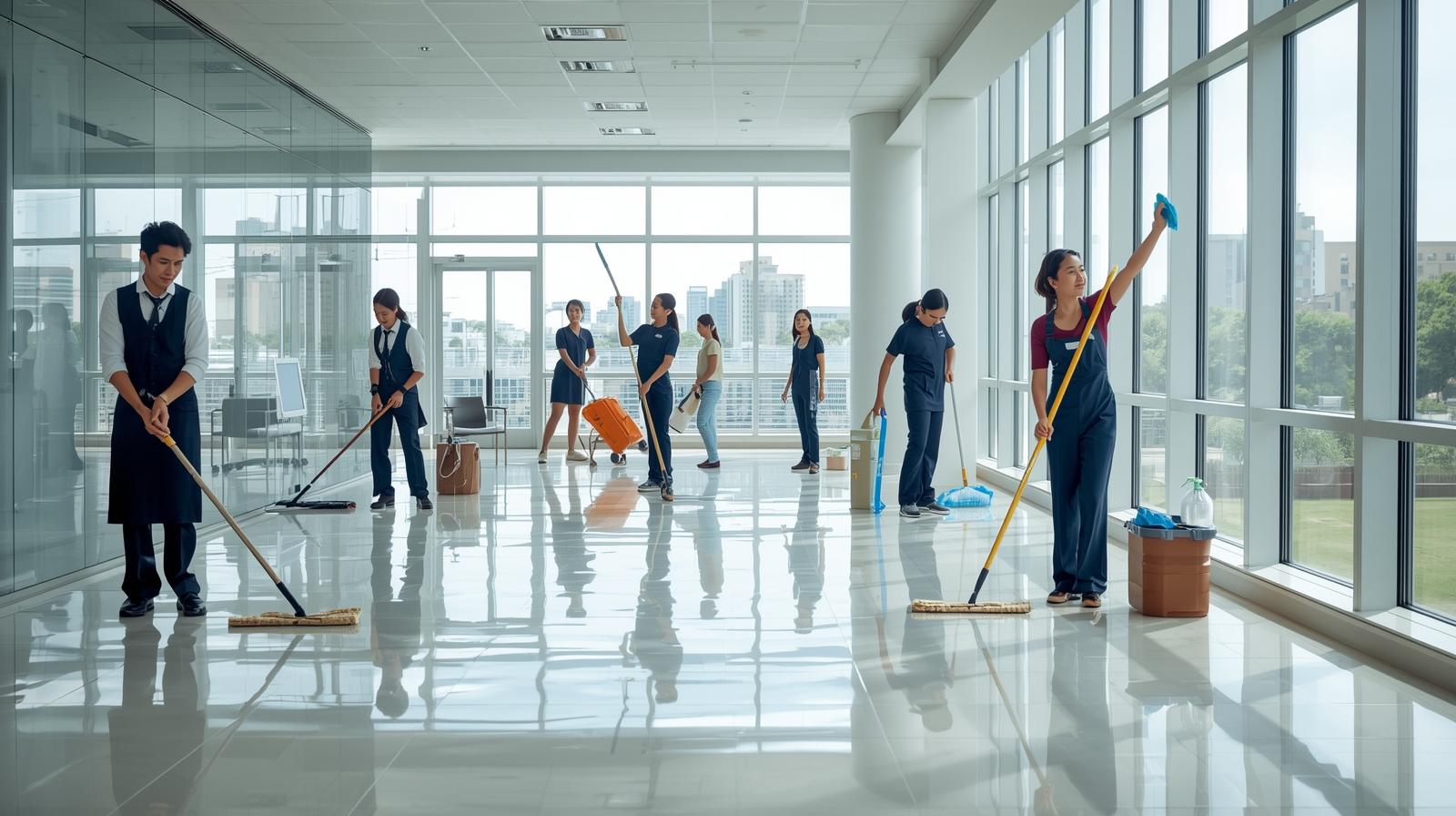 group of staff cleaning floor and window (2)